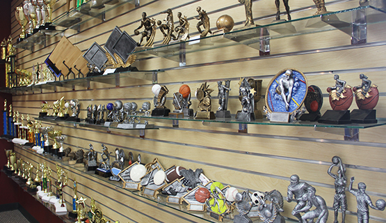 Trophies on a display wall